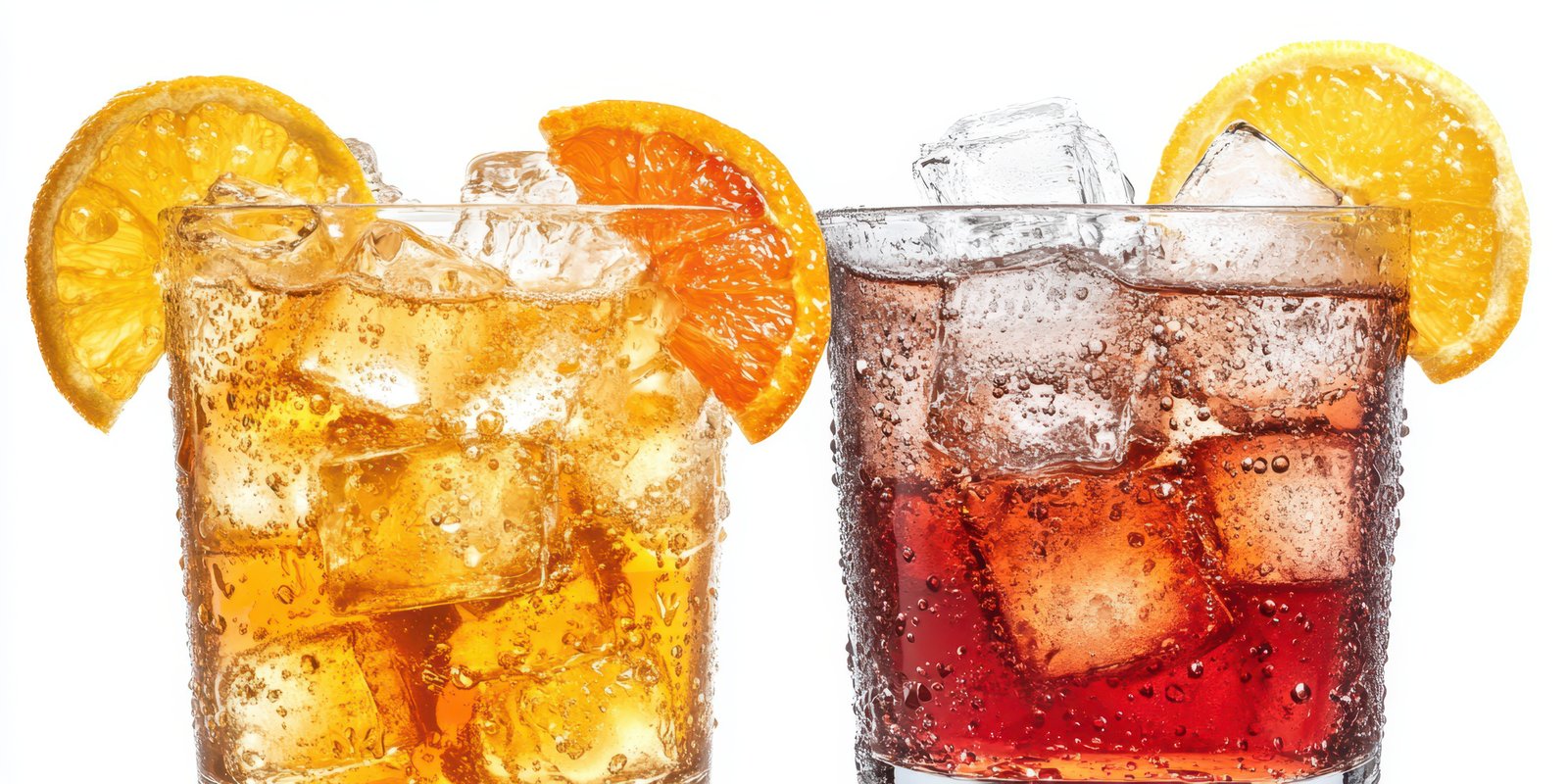 Refreshing cold beverages served with citrus slices in clear glasses on a bright background